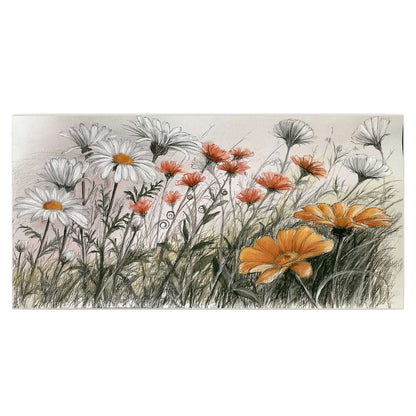 Fine dark stems and white daisies with warm orange accents in a delicate botanical composition single poster print viewed straight on