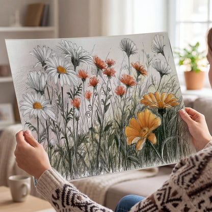 Fine dark stems and white daisies with warm orange accents in a delicate botanical composition single poster print held in hands