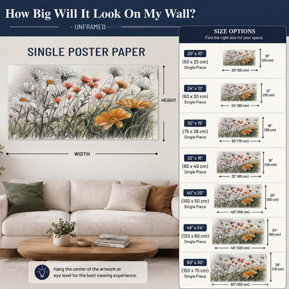 Fine dark stems and white daisies with warm orange accents in a delicate botanical composition single poster print size guide above a sofa; room view is illustrative