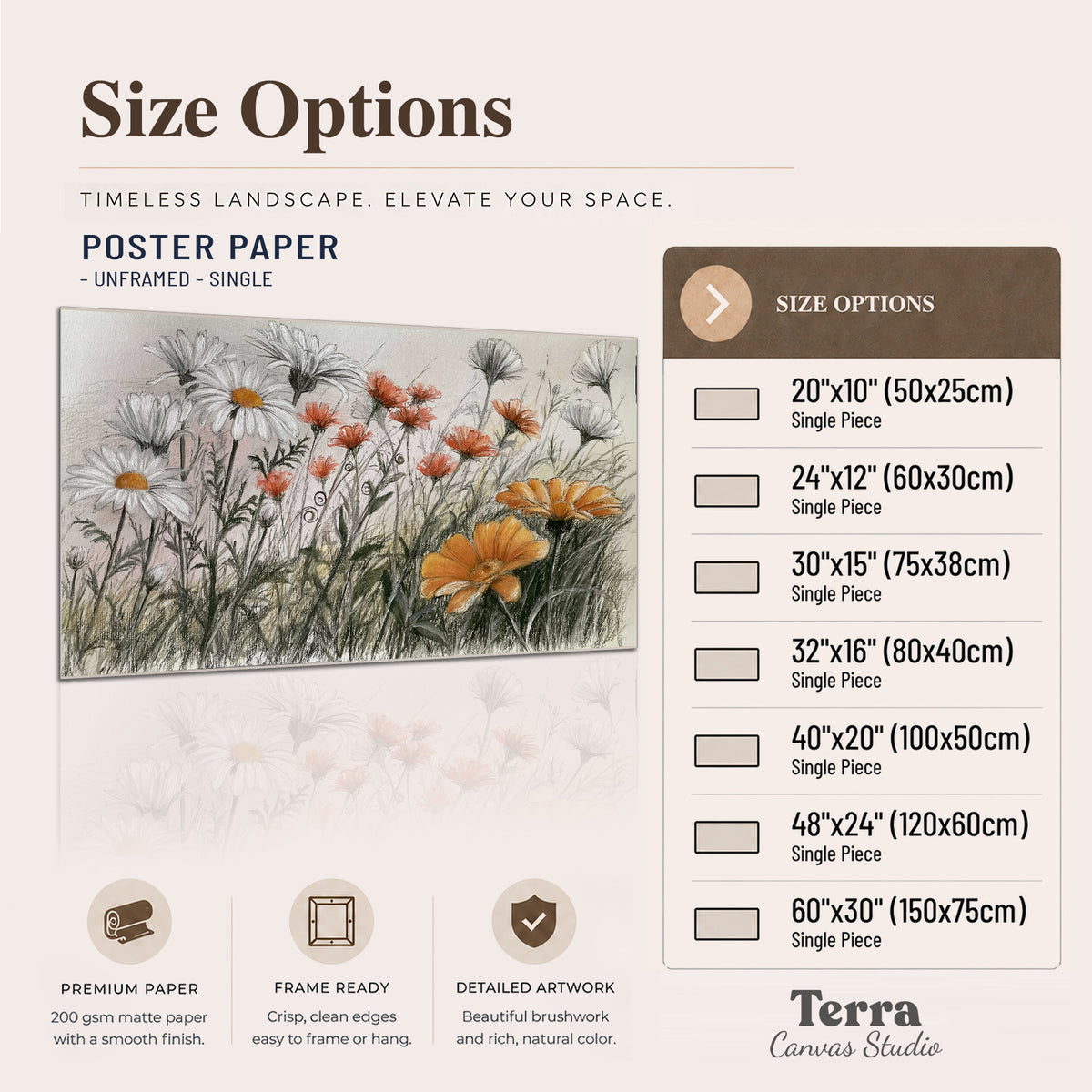 Fine dark stems and white daisies with warm orange accents in a delicate botanical composition single poster print available dimensions