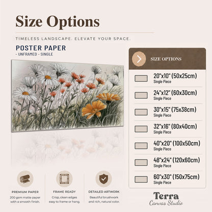 Fine dark stems and white daisies with warm orange accents in a delicate botanical composition single poster print available dimensions