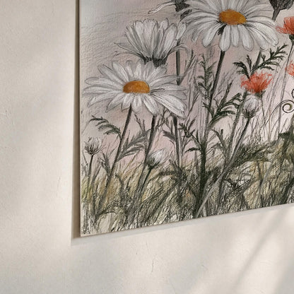 Fine dark stems and white daisies with warm orange accents in a delicate botanical composition set of 3 poster prints material and edge close up