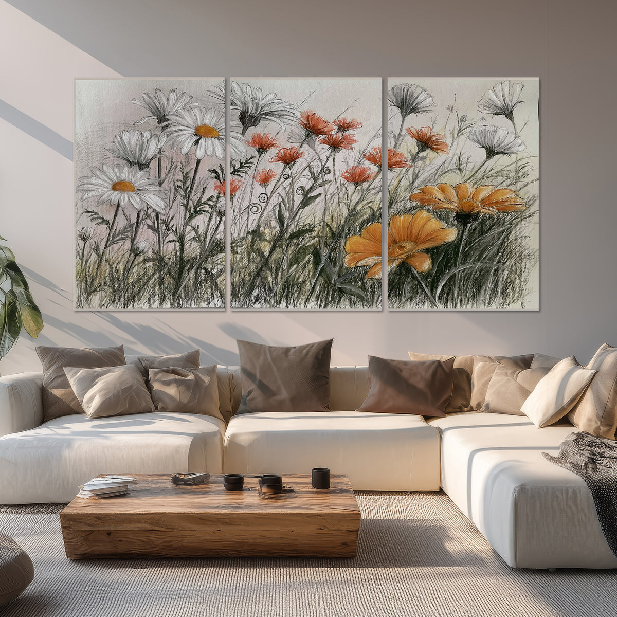 Fine dark stems and white daisies with warm orange accents in a delicate botanical composition set of 3 poster prints displayed in a living room