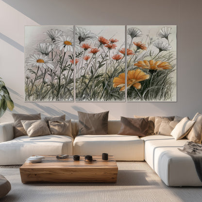 Fine dark stems and white daisies with warm orange accents in a delicate botanical composition set of 3 poster prints displayed in a living room