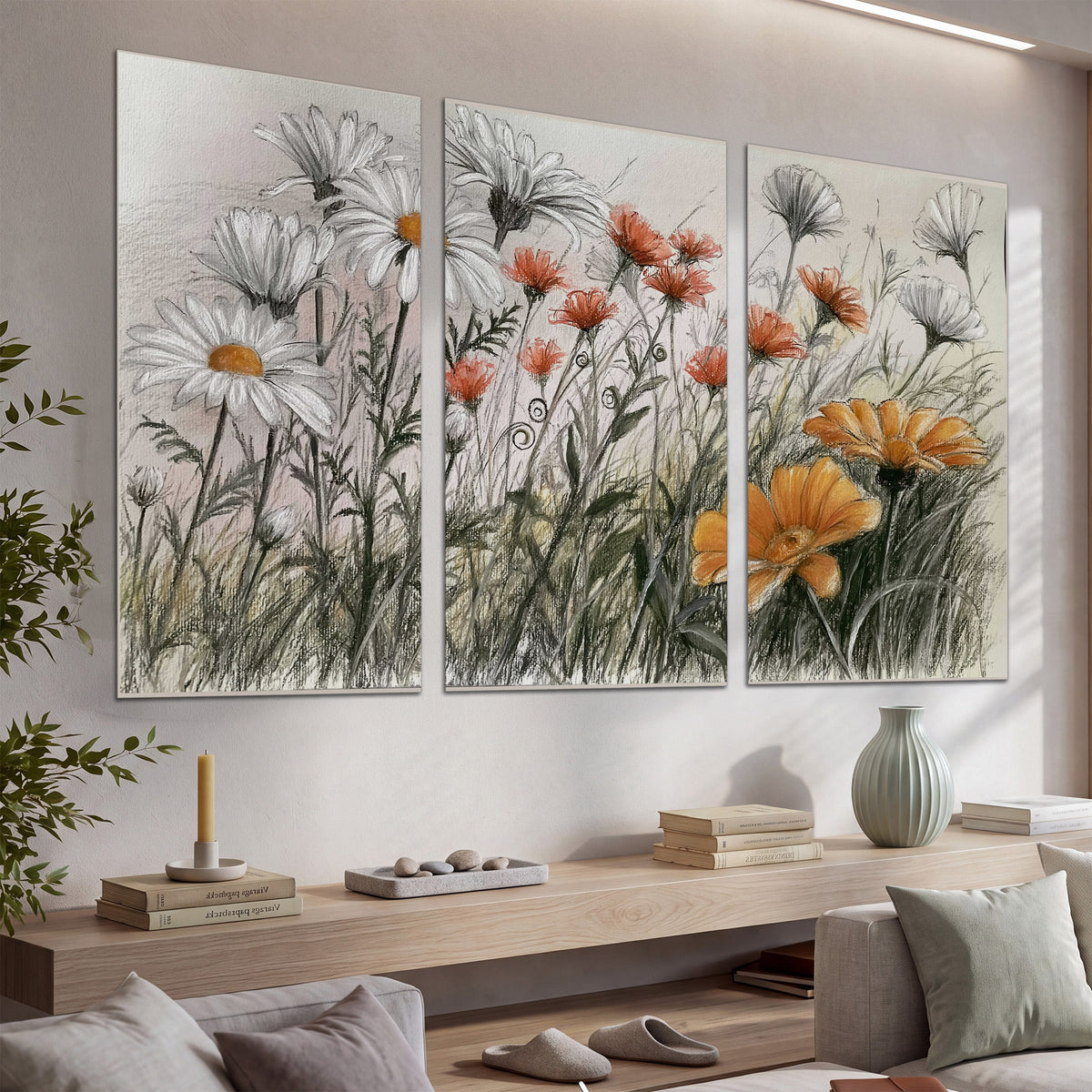 Fine dark stems and white daisies with warm orange accents in a delicate botanical composition set of 3 poster prints displayed in a console