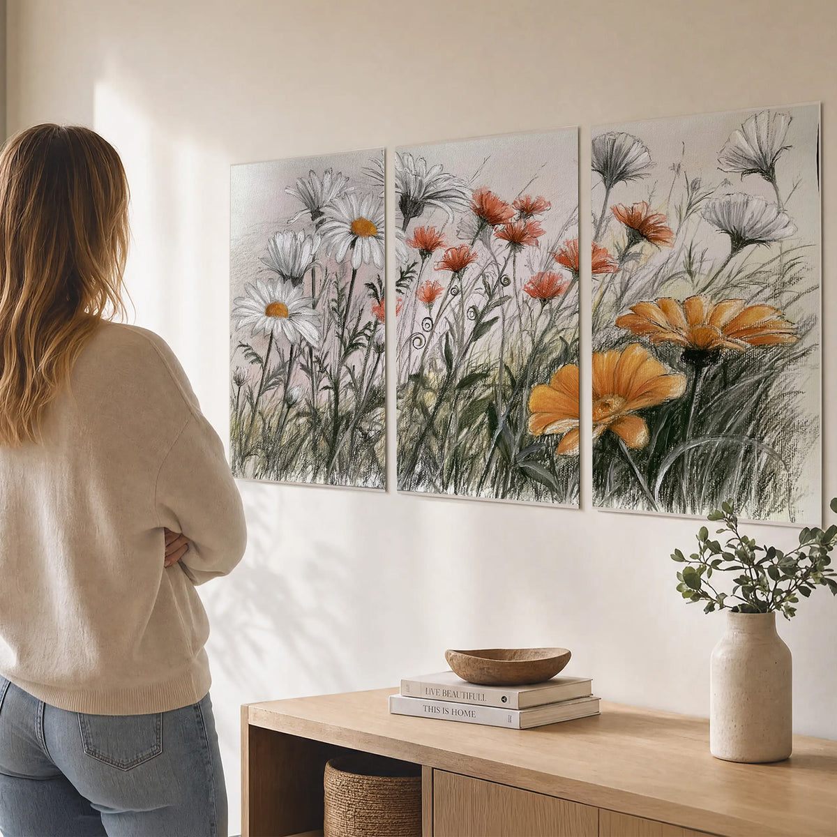 Fine dark stems and white daisies with warm orange accents in a delicate botanical composition set of 3 poster prints three panel arrangement on a wall