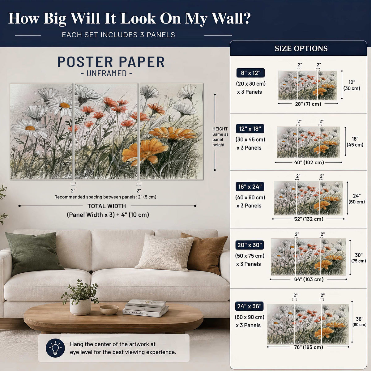 Fine dark stems and white daisies with warm orange accents in a delicate botanical composition set of 3 poster prints size guide above a sofa; room view is illustrative