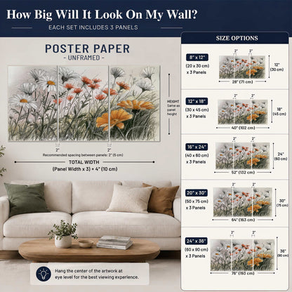 Fine dark stems and white daisies with warm orange accents in a delicate botanical composition set of 3 poster prints size guide above a sofa; room view is illustrative
