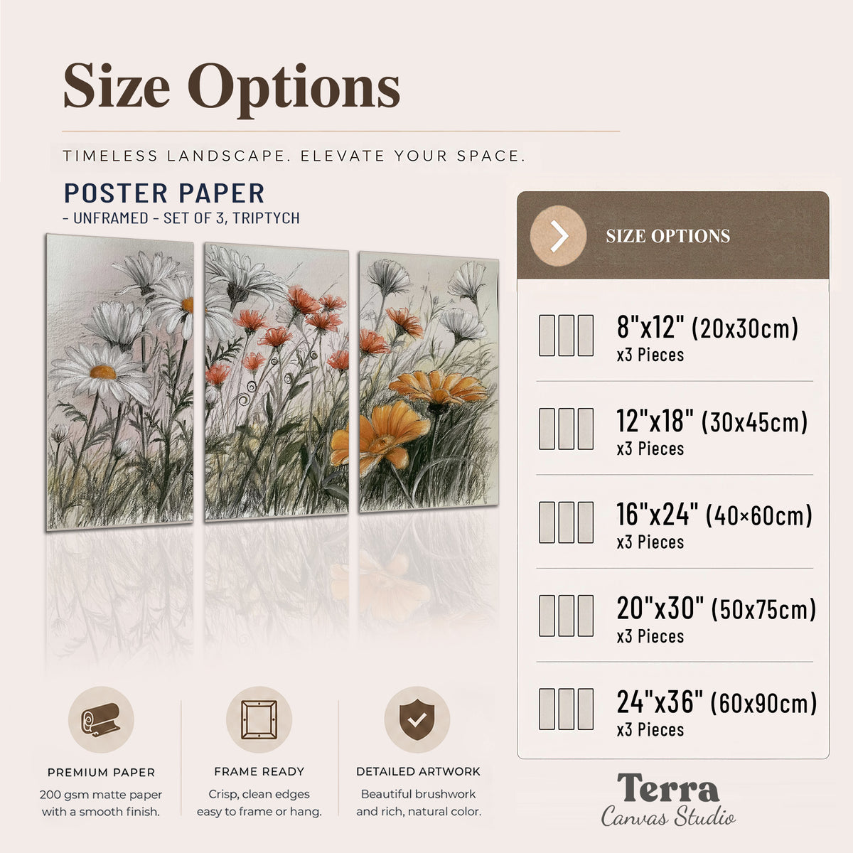 Fine dark stems and white daisies with warm orange accents in a delicate botanical composition set of 3 poster prints available dimensions; triptych dimensions are per panel
