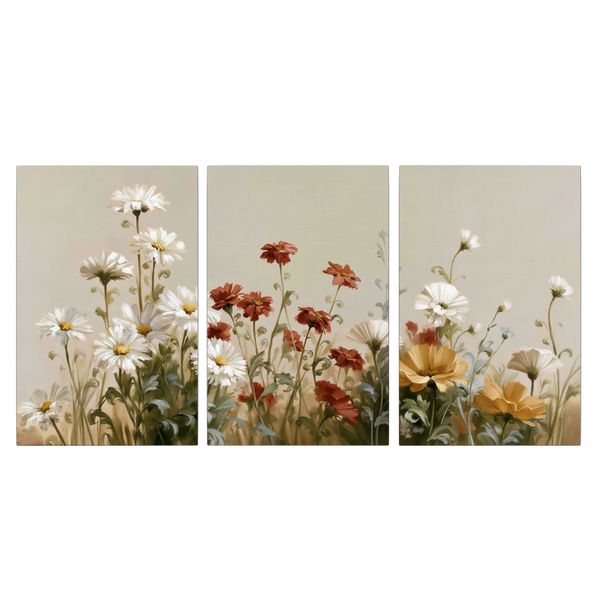 White wildflowers and warm red blossoms rising against a soft beige background 3 piece canvas wall art viewed straight on