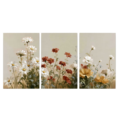White wildflowers and warm red blossoms rising against a soft beige background 3 piece canvas wall art viewed straight on