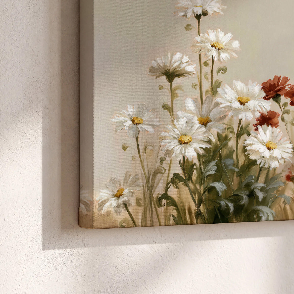 White wildflowers and warm red blossoms rising against a soft beige background 3 piece canvas wall art material and edge close up