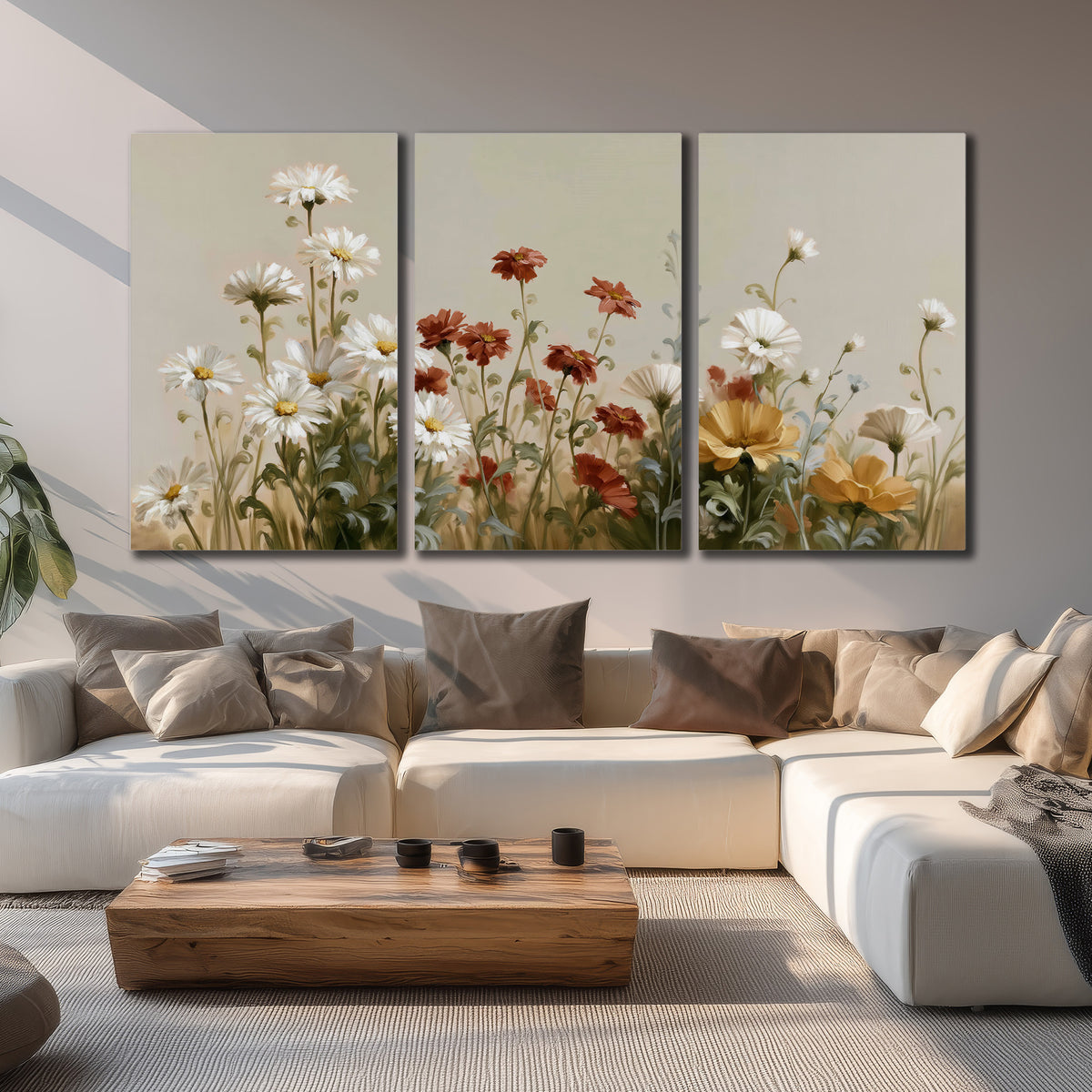 White wildflowers and warm red blossoms rising against a soft beige background 3 piece canvas wall art displayed in a living room