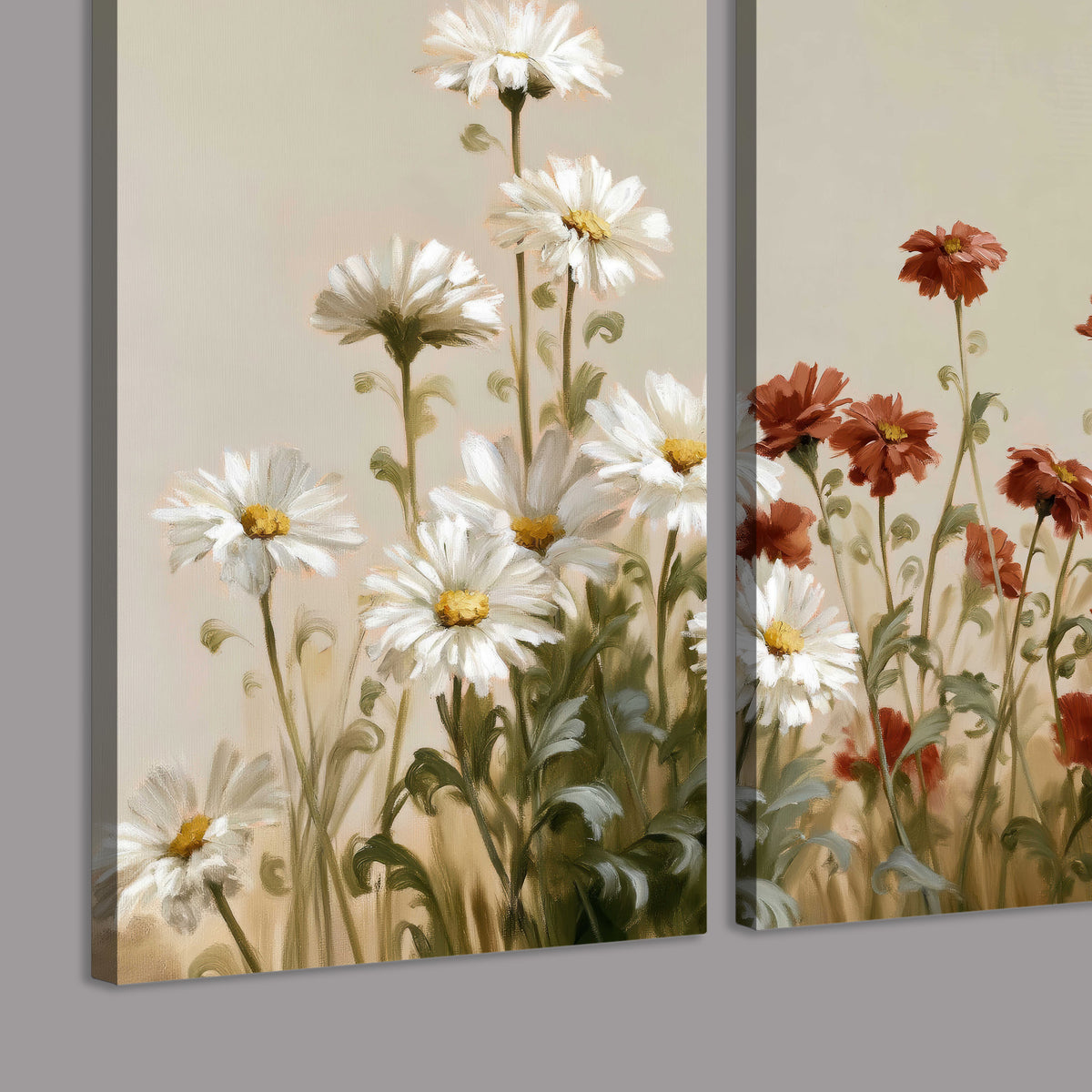 White wildflowers and warm red blossoms rising against a soft beige background 3 piece canvas wall art room and product view