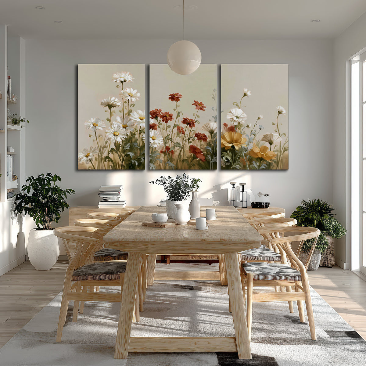 White wildflowers and warm red blossoms rising against a soft beige background 3 piece canvas wall art room and product view