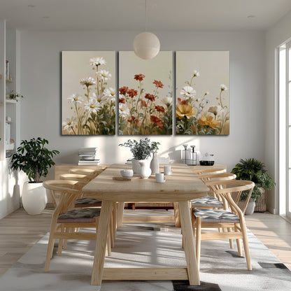 White wildflowers and warm red blossoms rising against a soft beige background 3 piece canvas wall art room and product view