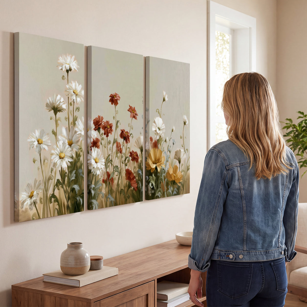 White wildflowers and warm red blossoms rising against a soft beige background 3 piece canvas wall art three panel arrangement on a wall