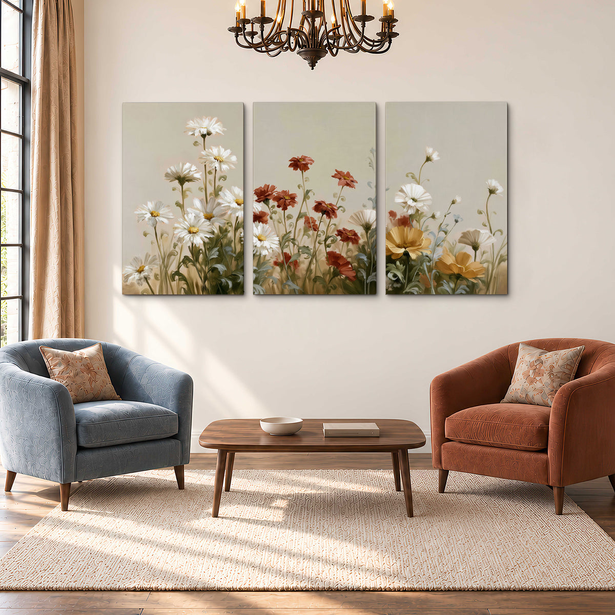 White wildflowers and warm red blossoms rising against a soft beige background 3 piece canvas wall art styled in an interior