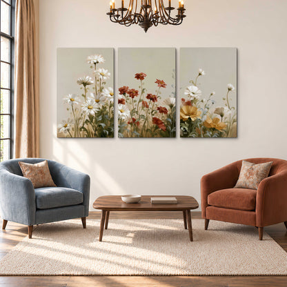 White wildflowers and warm red blossoms rising against a soft beige background 3 piece canvas wall art styled in an interior