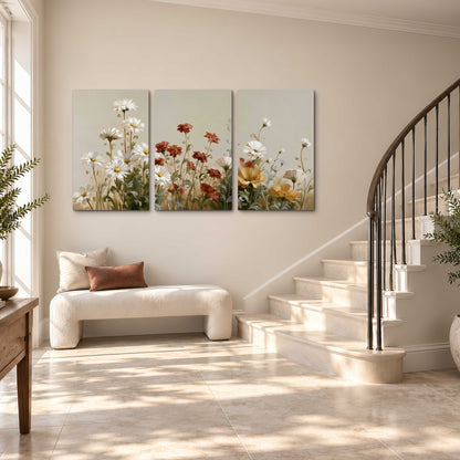 White wildflowers and warm red blossoms rising against a soft beige background 3 piece canvas wall art styled in an interior
