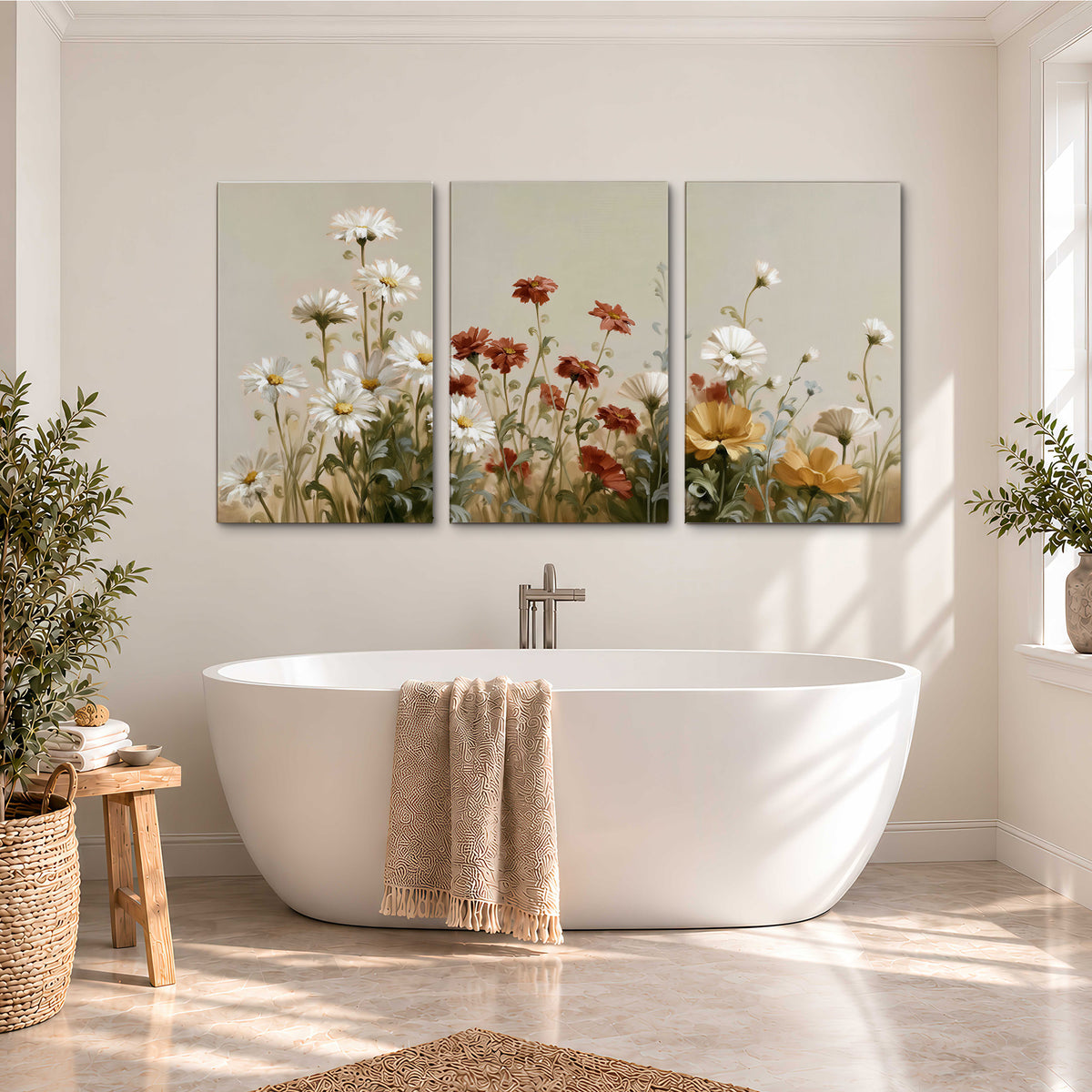 White wildflowers and warm red blossoms rising against a soft beige background 3 piece canvas wall art styled in an interior
