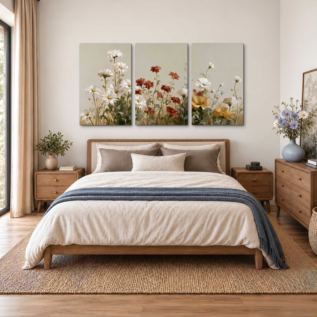 White wildflowers and warm red blossoms rising against a soft beige background 3 piece canvas wall art styled in an interior