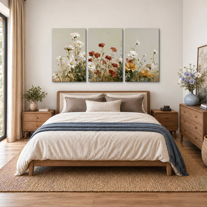 White wildflowers and warm red blossoms rising against a soft beige background 3 piece canvas wall art styled in an interior