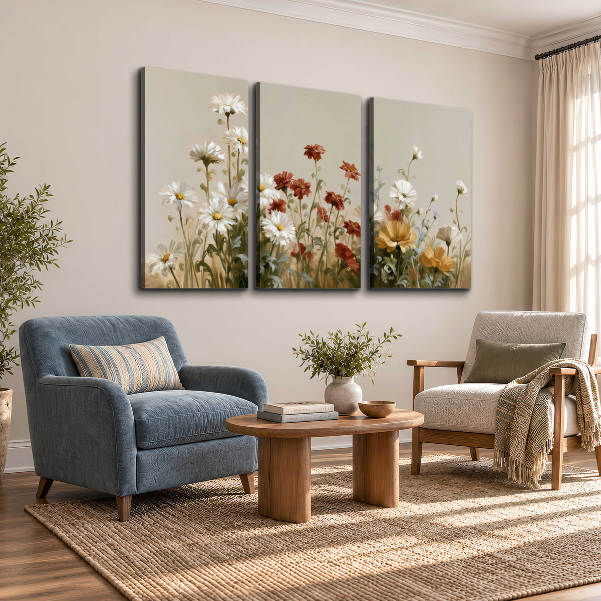 White wildflowers and warm red blossoms rising against a soft beige background 3 piece canvas wall art styled in an interior