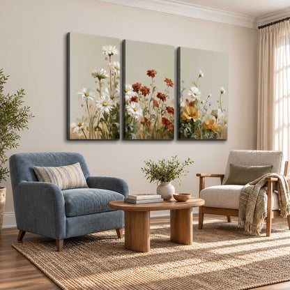 White wildflowers and warm red blossoms rising against a soft beige background 3 piece canvas wall art styled in an interior