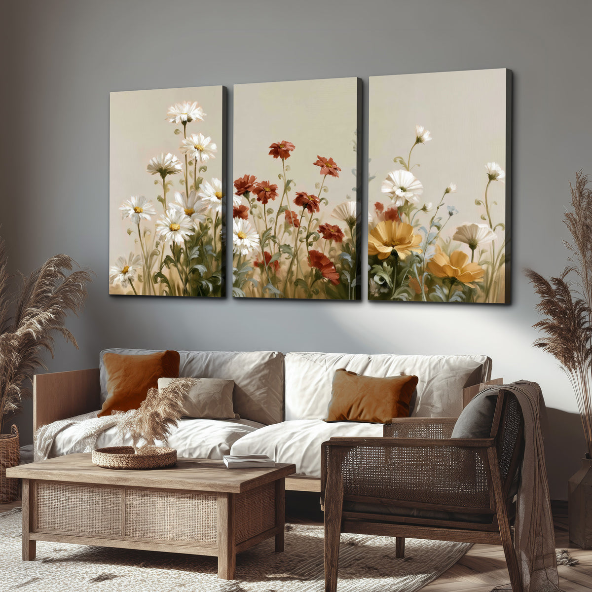 White wildflowers and warm red blossoms rising against a soft beige background 3 piece canvas wall art displayed in a rustic living room