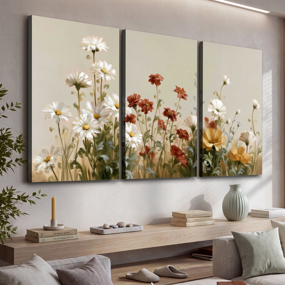 White wildflowers and warm red blossoms rising against a soft beige background 3 piece canvas wall art displayed in a console