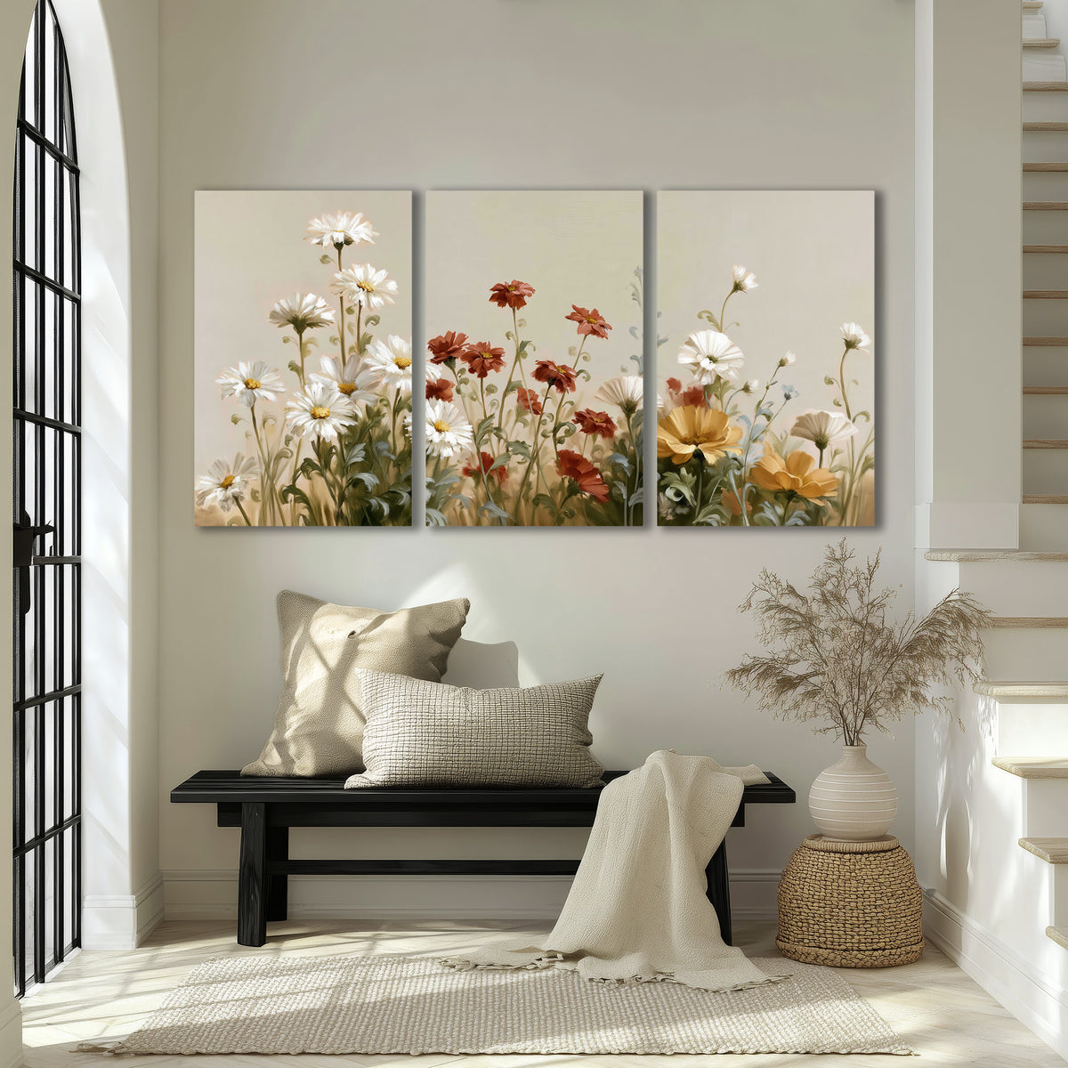 White wildflowers and warm red blossoms rising against a soft beige background 3 piece canvas wall art displayed in a entryway