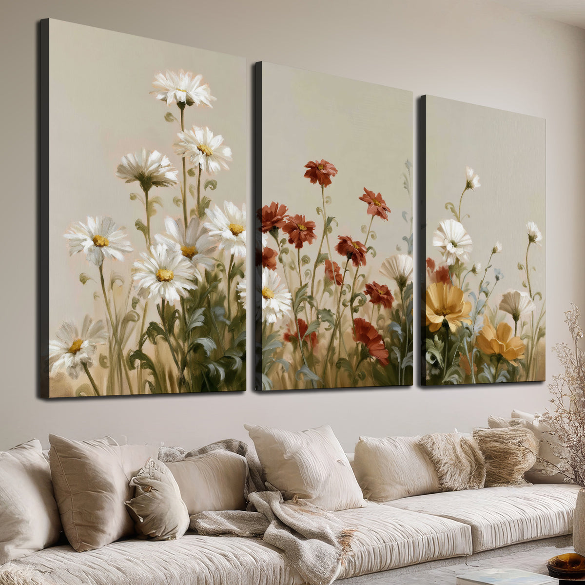 White wildflowers and warm red blossoms rising against a soft beige background 3 piece canvas wall art room and product view