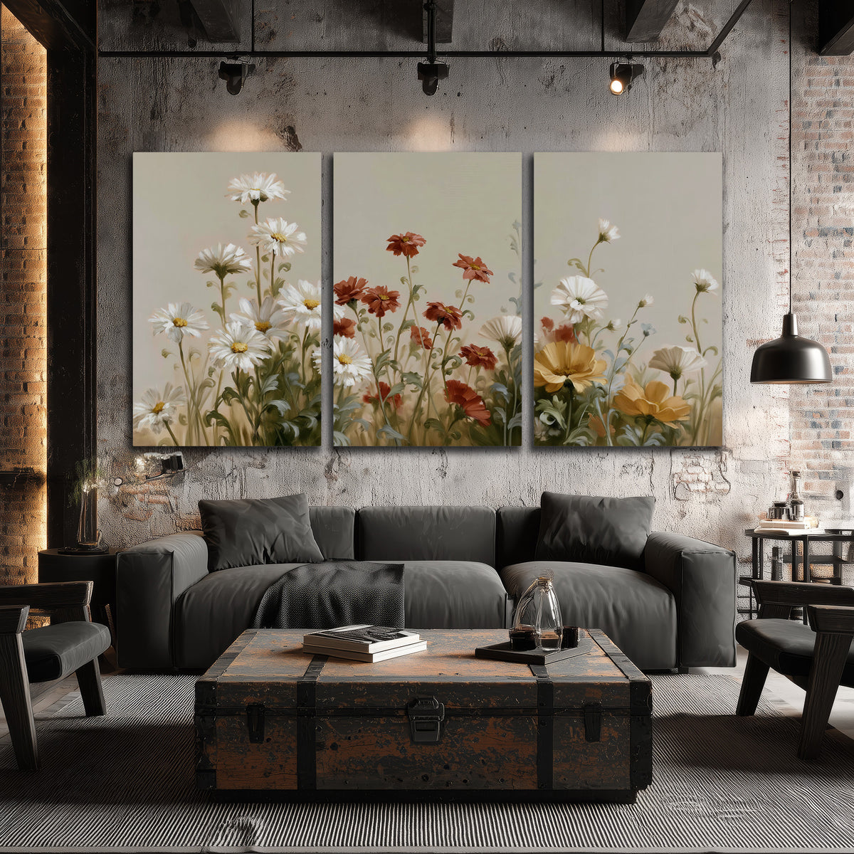 White wildflowers and warm red blossoms rising against a soft beige background 3 piece canvas wall art displayed in a industrial room
