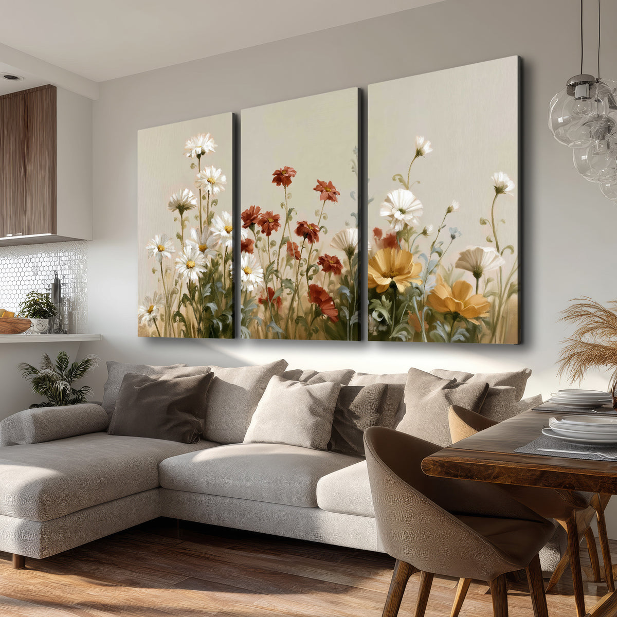 White wildflowers and warm red blossoms rising against a soft beige background 3 piece canvas wall art room and product view