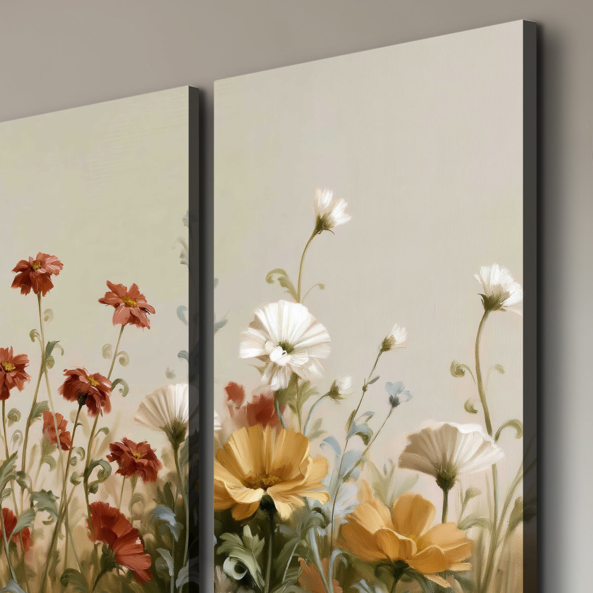 White wildflowers and warm red blossoms rising against a soft beige background 3 piece canvas wall art room and product view