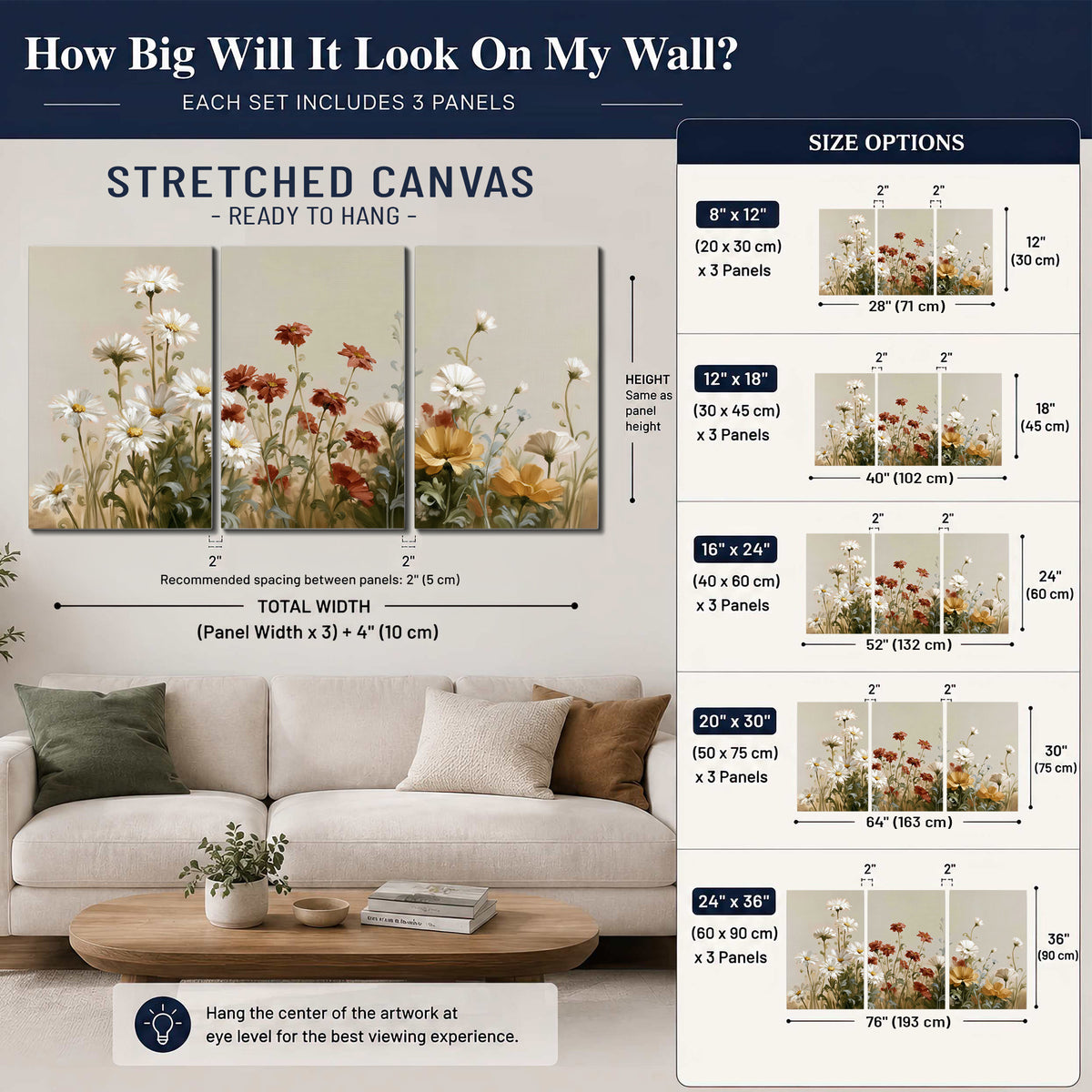 White wildflowers and warm red blossoms rising against a soft beige background 3 piece canvas wall art size guide above a sofa; room view is illustrative