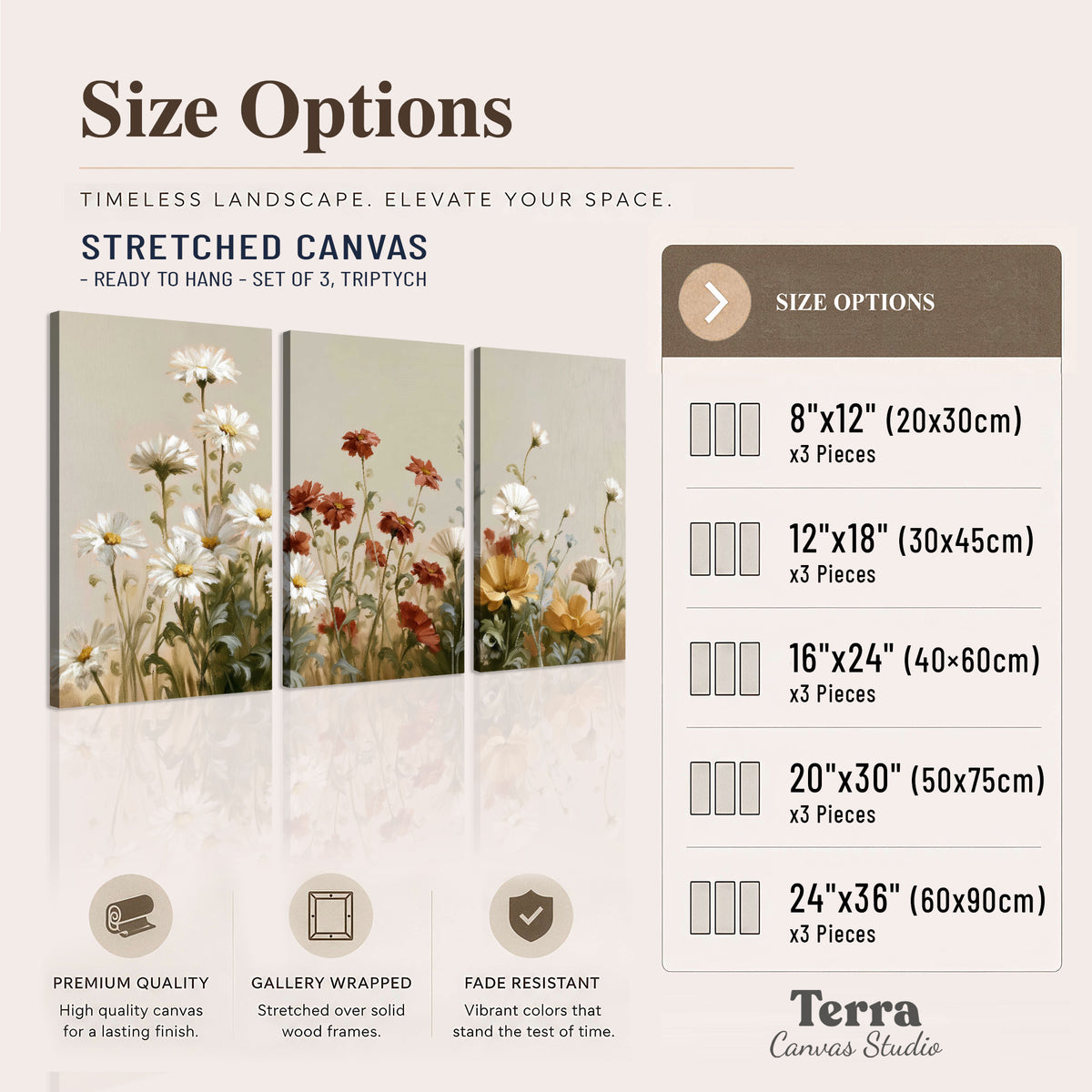 White wildflowers and warm red blossoms rising against a soft beige background 3 piece canvas wall art available dimensions; triptych dimensions are per panel