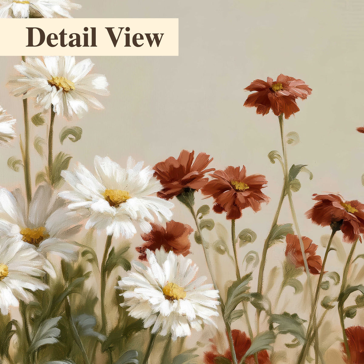 White wildflowers and warm red blossoms rising against a soft beige background 3 piece canvas wall art artwork detail close up