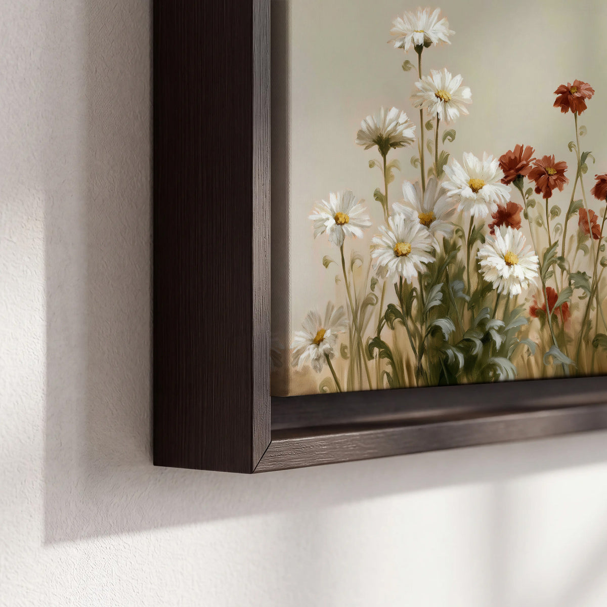 White wildflowers and warm red blossoms rising against a soft beige background 3 piece framed canvas wall art material and edge close up