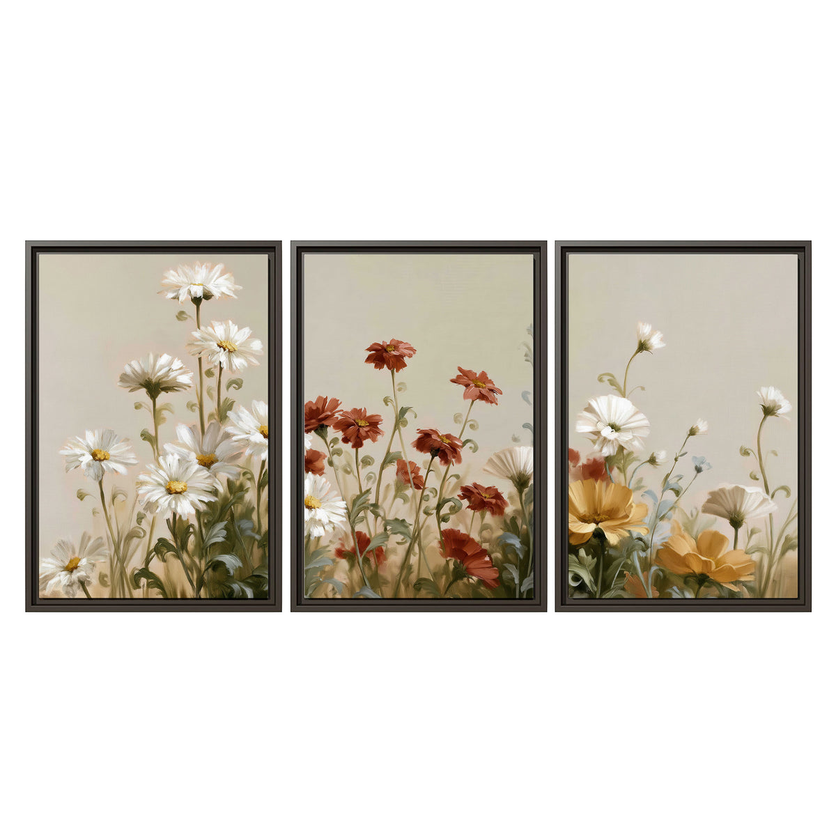 White wildflowers and warm red blossoms rising against a soft beige background 3 piece framed canvas wall art viewed straight on