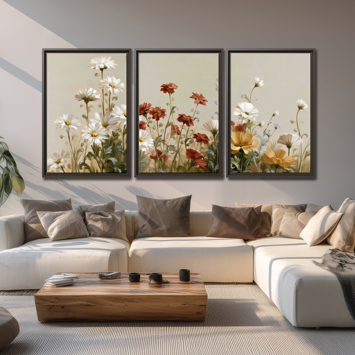 White wildflowers and warm red blossoms rising against a soft beige background 3 piece framed canvas wall art displayed in a living room