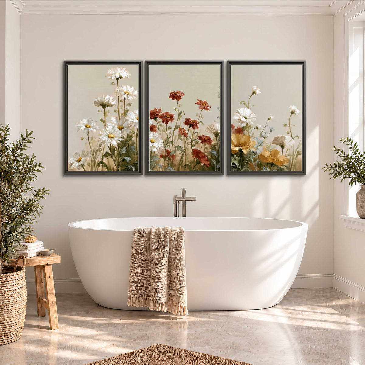 White wildflowers and warm red blossoms rising against a soft beige background 3 piece framed canvas wall art styled in an interior