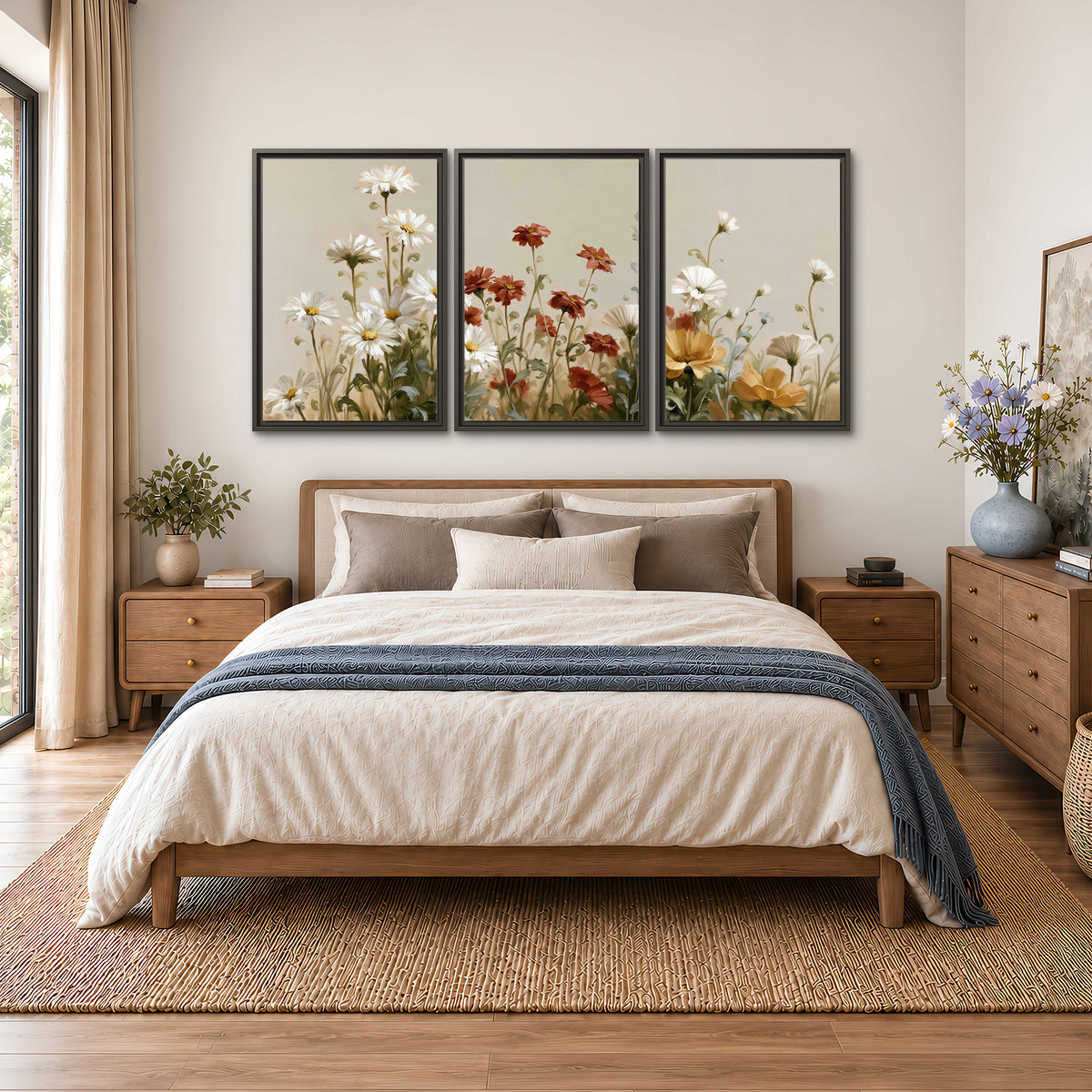 White wildflowers and warm red blossoms rising against a soft beige background 3 piece framed canvas wall art styled in an interior
