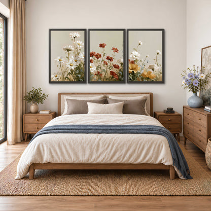 White wildflowers and warm red blossoms rising against a soft beige background 3 piece framed canvas wall art styled in an interior