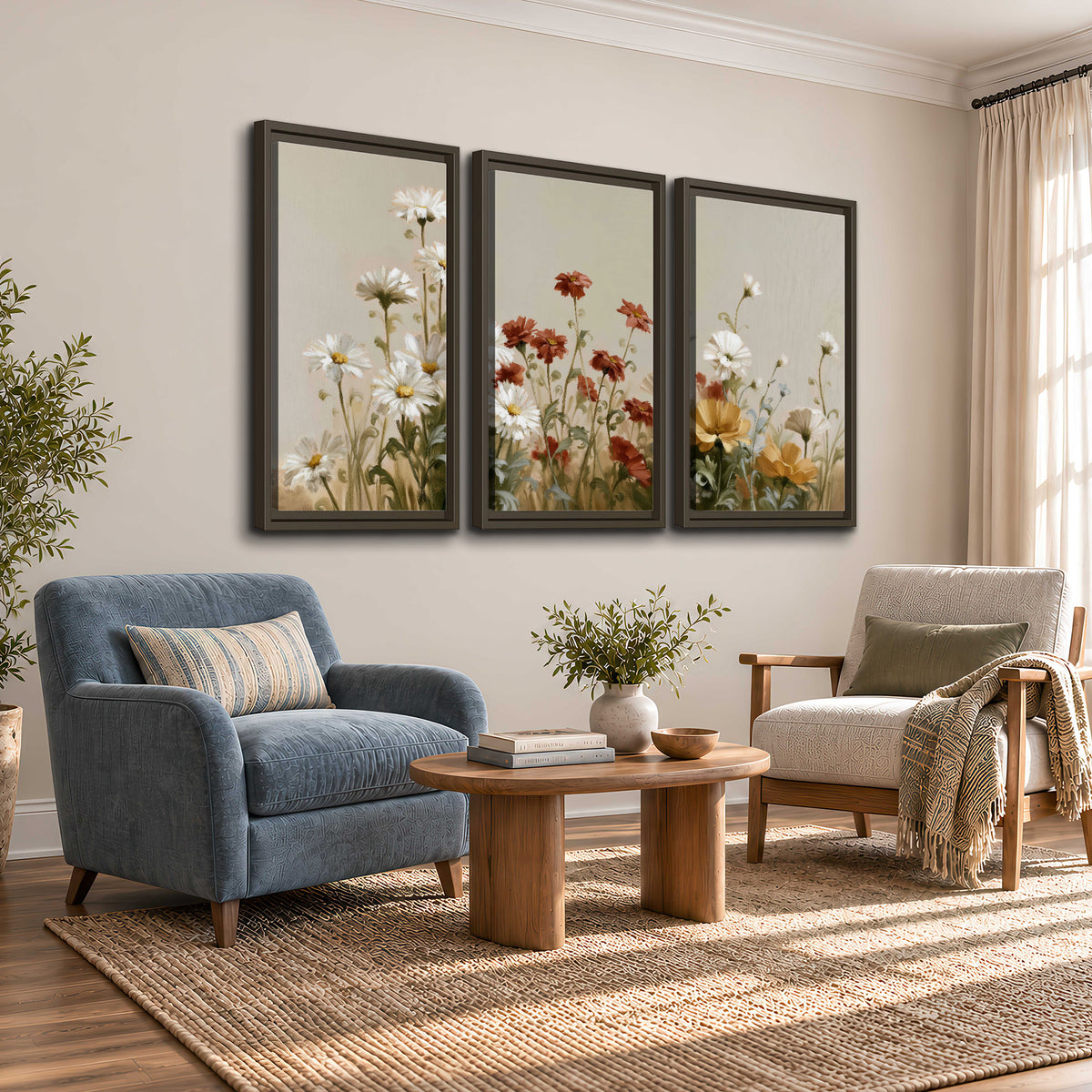 White wildflowers and warm red blossoms rising against a soft beige background 3 piece framed canvas wall art styled in an interior