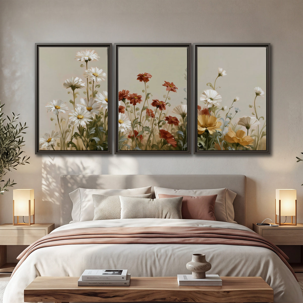 White wildflowers and warm red blossoms rising against a soft beige background 3 piece framed canvas wall art displayed in a bedroom
