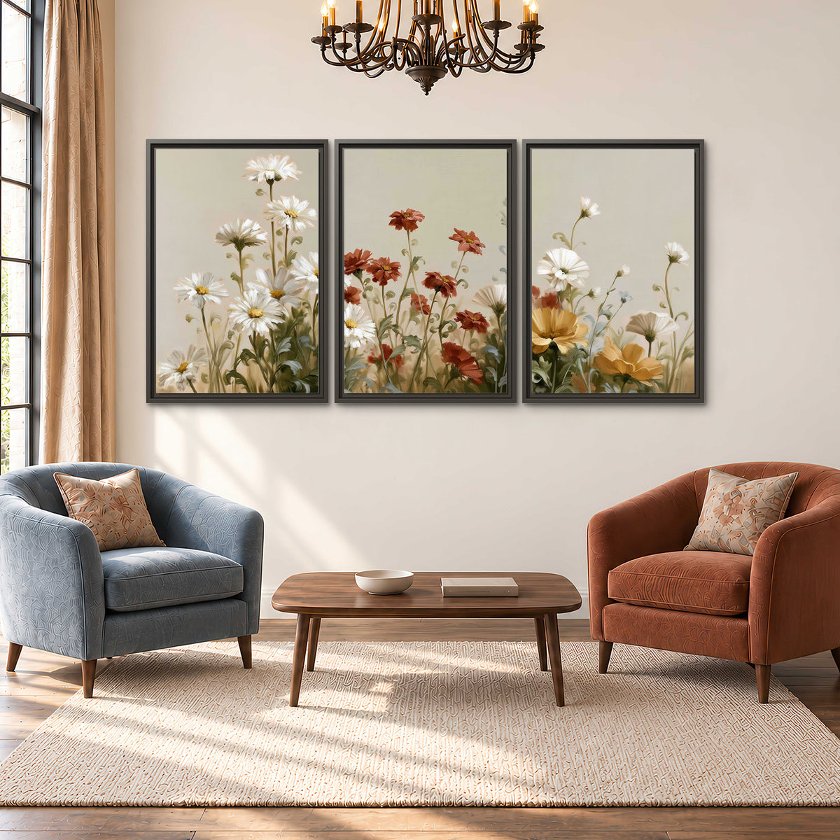 White wildflowers and warm red blossoms rising against a soft beige background 3 piece framed canvas wall art styled in an interior