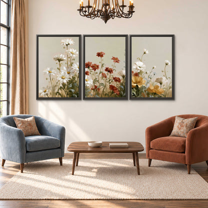 White wildflowers and warm red blossoms rising against a soft beige background 3 piece framed canvas wall art styled in an interior