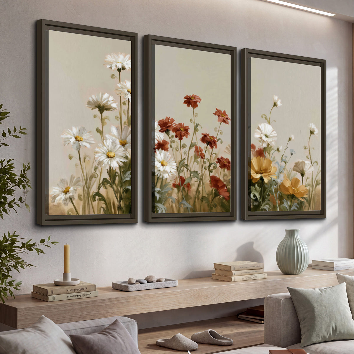 White wildflowers and warm red blossoms rising against a soft beige background 3 piece framed canvas wall art displayed in a console